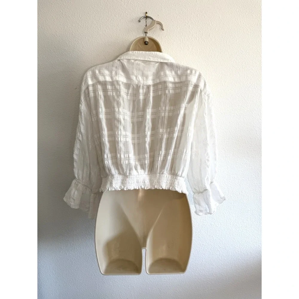 Anthropologie White Gauze Wrap Top Sz S 3/4 Puff Sleeve Collared Light Romantic